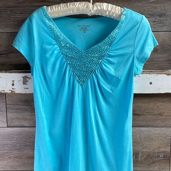 Bay Studio Ladies Sequined Top , Size Petite Medium, Blue - Picture 4 of 8
